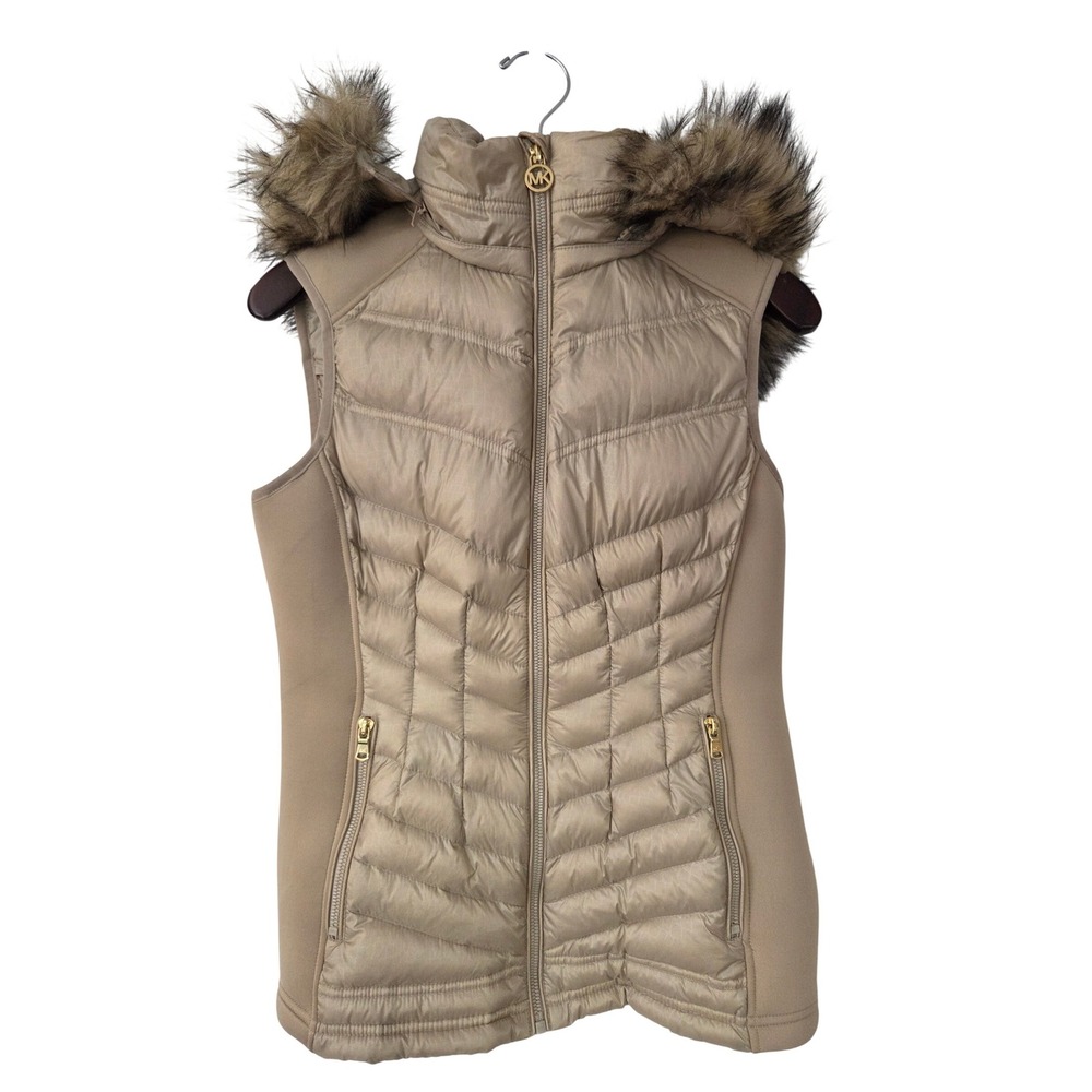 Michael Kors Puffer Vest Faux Fur Hood Women Small Champagne NWOT